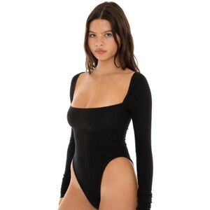 ARE YOU AM I Black Ribbed Long Sleeve Square Neck Bodysuit